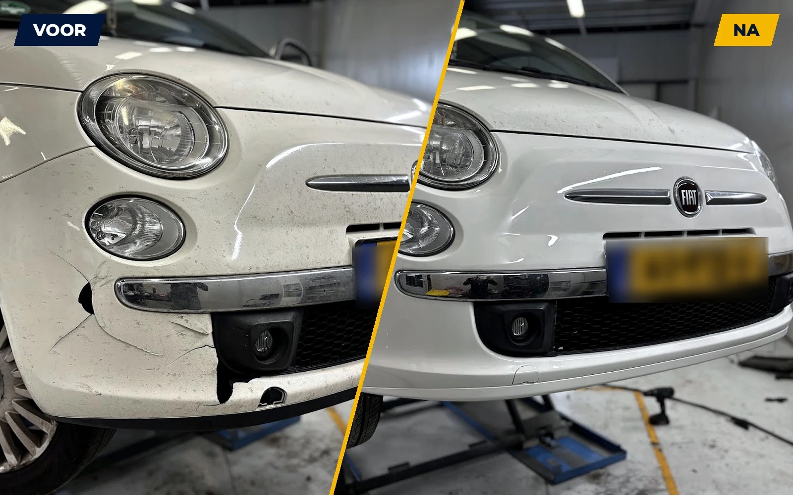 Echte voor- en nafoto van het voorbumperherstel van een Fiat 500 bij Taha Spot Repair