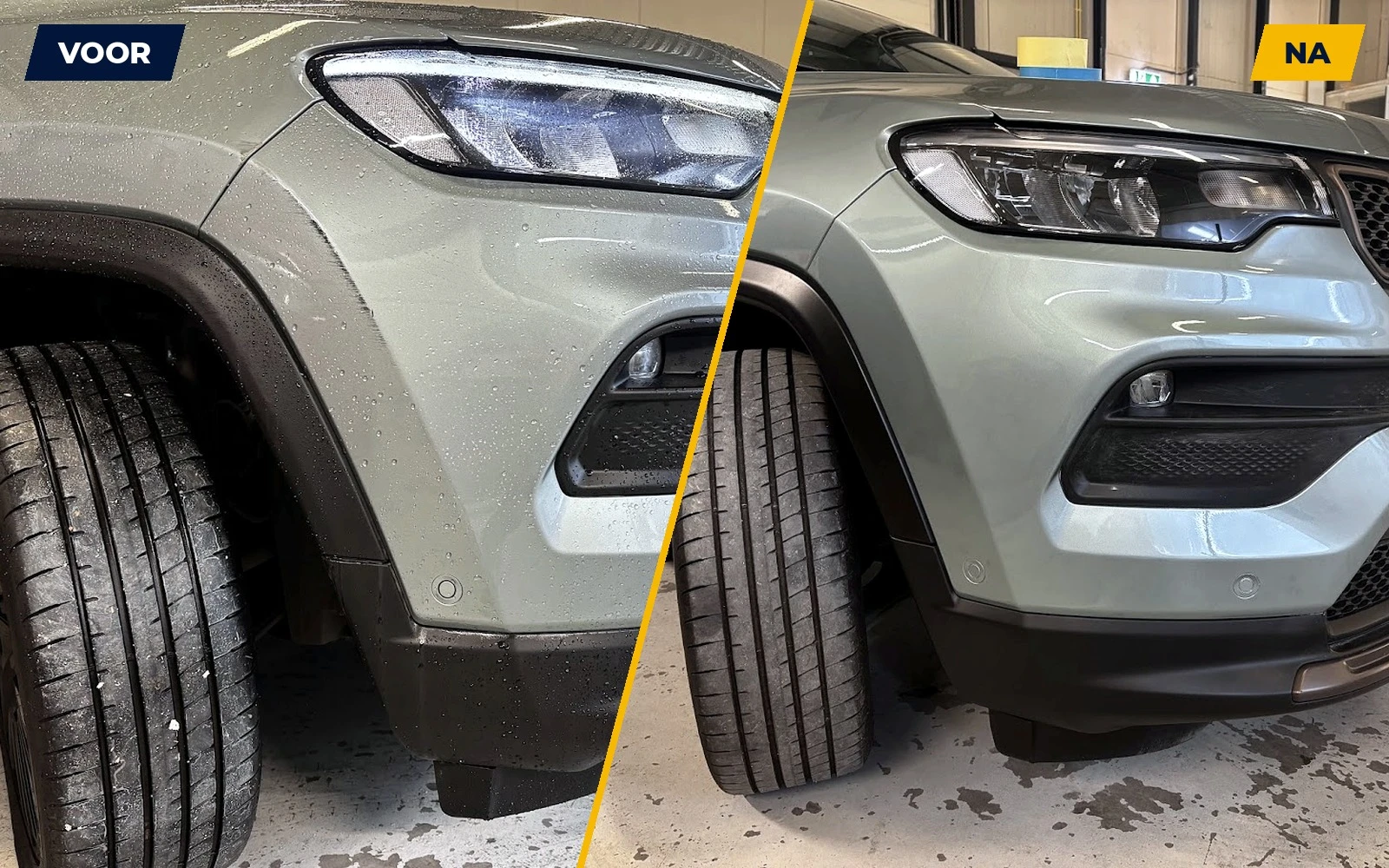 Echte voor- en nafoto van het spatbordherstel van een Jeep Compass bij Taha Spot Repair