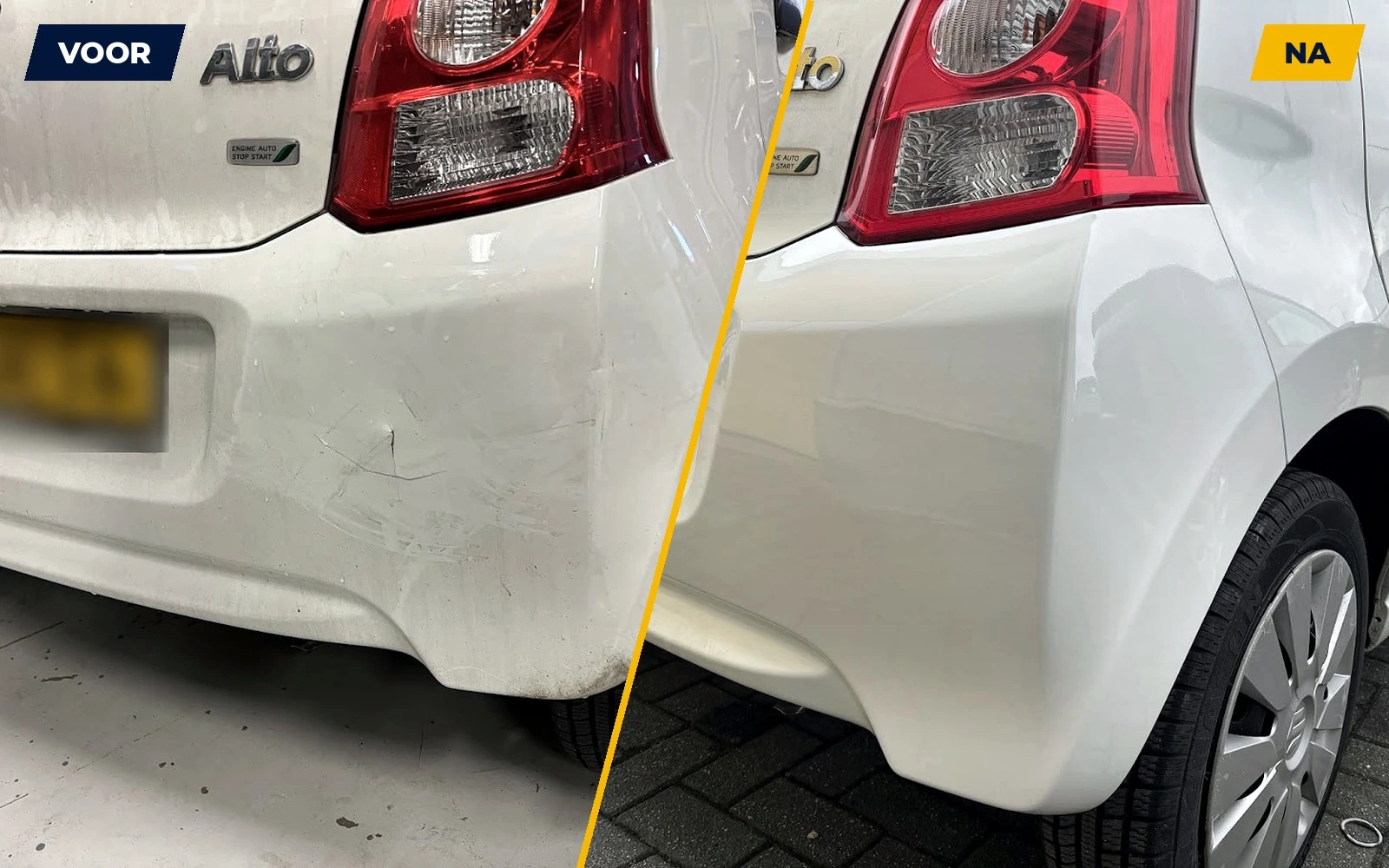 Echte voor- en nafoto van het achterbumperherstel van een Suzuki Alto bij Taha Spot Repair